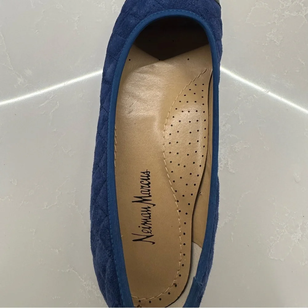 Neiman Marcus Quilted Suede Ballet Flats Navy Blue Black Patent Cap Toe Size 8